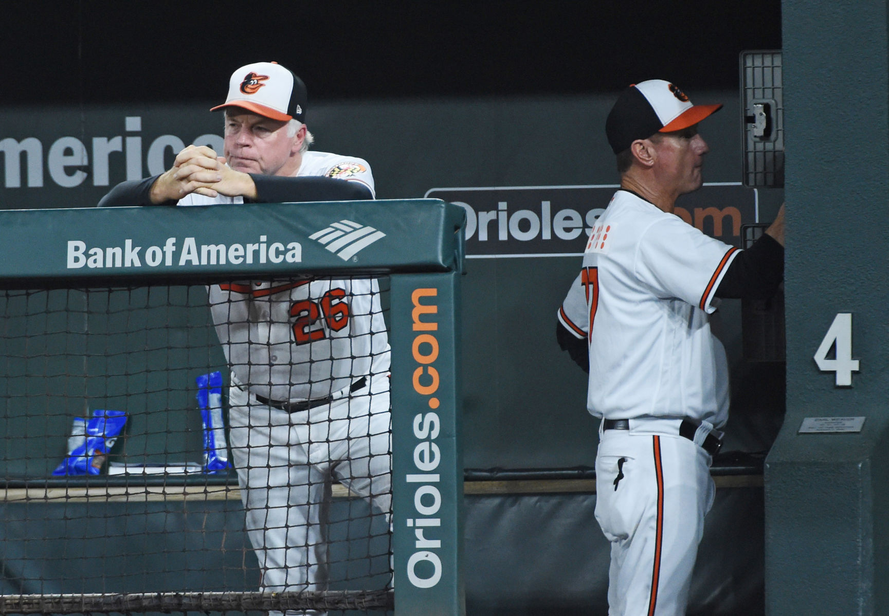 Baltimore Orioles manager Buck Showalter, left, shows his frustration in the dugout after losing to the Toronto Blue Jays on September 18, 2018, at Oriole Park at Camden Yards in Baltimore, Md. On right is bench coach John Russell. The loss was the 108th of the season for the Orioles, breaking the team's previous single-season loss record set in 1988.